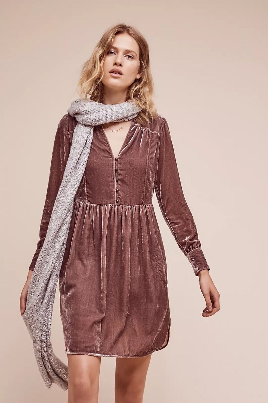 Anthropologie Holding Horses Velvet Babydoll Shirtdress Mauve Brown Small